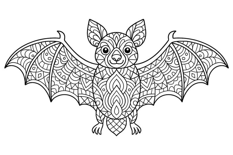 K&ouml;nnte beinhalten: Detaillierte Schwarz-Wei&szlig;-Illustration einer Fledermaus mit ausgebreiteten Fl&uuml;geln. Die Fl&uuml;gel und der K&ouml;rper der Fledermaus sind mit komplizierten Mustern gef&uuml;llt, wodurch ein symmetrisches Design entsteht. Die Fledermaus hat gro&szlig;e Ohren und ein l&auml;chelndes Gesicht.
