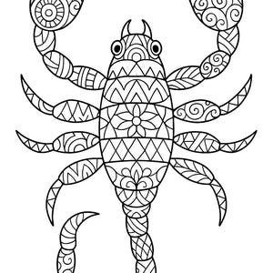 May include: Black and white illustration of a scorpion with intricate, symmetrical patterns. The scorpion's body is segmented, with detailed designs on the claws, legs, and tail. The artwork is suitable for coloring or decorative purposes.