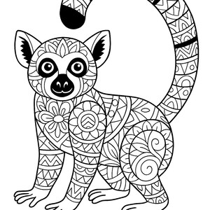 May include: Black and white illustration of a lemur with intricate patterns. The lemur is depicted in a seated position with its tail curved upwards. The design features detailed floral and geometric shapes, perfect for coloring or artistic projects.