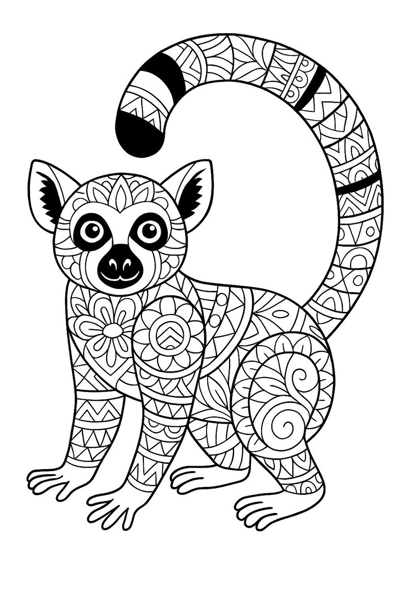 May include: Black and white illustration of a lemur with intricate patterns. The lemur is depicted in a seated position with its tail curved upwards. The design features detailed floral and geometric shapes, perfect for coloring or artistic projects.