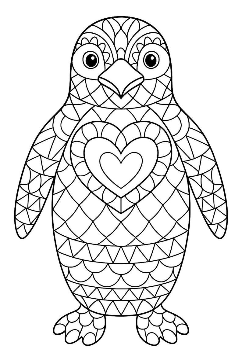 K&ouml;nnte beinhalten: Schwarz-wei&szlig;e Strichzeichnung eines Pinguins mit einem Herz auf der Brust. Der Pinguin ist mit geometrischen Mustern verziert und hat ein herzf&ouml;rmiges Design in der Mitte seiner Brust. Der Pinguin steht aufrecht.