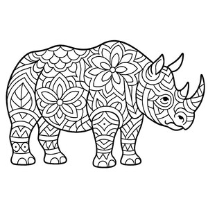 May include: Black and white illustration of a rhinoceros with intricate floral and geometric patterns filling its body. The rhino has two horns and is standing with its legs visible. The design is suitable for coloring or as a decorative element.