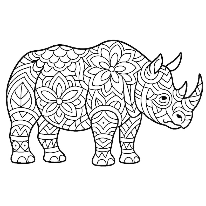 May include: Black and white illustration of a rhinoceros with intricate floral and geometric patterns filling its body. The rhino has two horns and is standing with its legs visible. The design is suitable for coloring or as a decorative element.