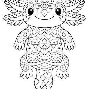K&ouml;nnte beinhalten: Schwarz-Wei&szlig;-Illustration eines Axolotls. Der Axolotl hat detaillierte Muster und eine Blume auf dem Kopf. Geeignet zum Ausmalen oder als dekoratives Design.