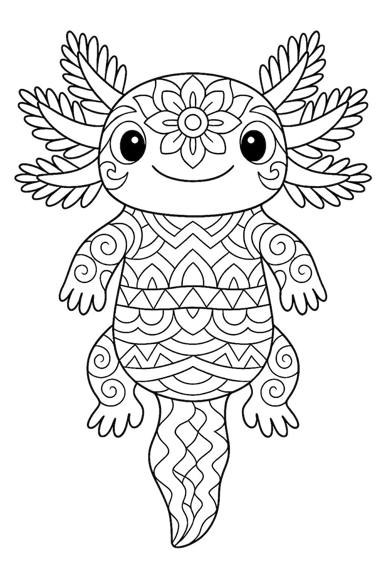 K&ouml;nnte beinhalten: Schwarz-Wei&szlig;-Illustration eines Axolotls. Der Axolotl hat detaillierte Muster und eine Blume auf dem Kopf. Geeignet zum Ausmalen oder als dekoratives Design.