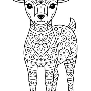May include: Black and white line art illustration of a deer with intricate floral and geometric patterns. The deer's body is adorned with detailed designs, including circles, flowers, and symmetrical shapes, perfect for coloring.