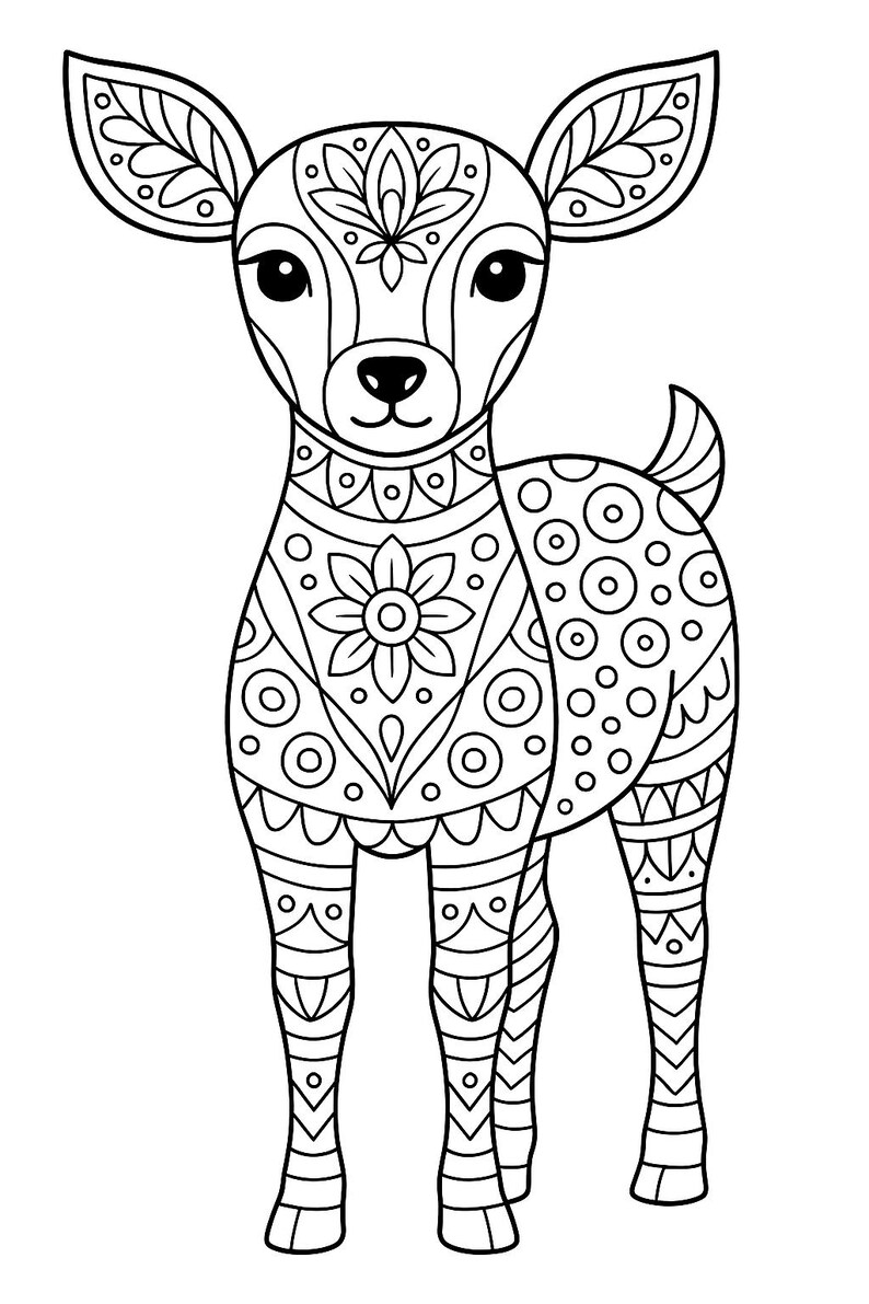 May include: Black and white line art illustration of a deer with intricate floral and geometric patterns. The deer's body is adorned with detailed designs, including circles, flowers, and symmetrical shapes, perfect for coloring.