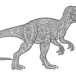 Pu&ograve; includere: Illustrazione in bianco e nero di un dinosauro, probabilmente un Velociraptor, con intricati motivi in stile mandala che riempiono il suo corpo. Il dinosauro &egrave; raffigurato di profilo, con la bocca aperta e gli artigli visibili.