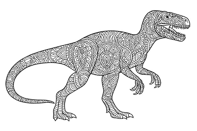 Pu&ograve; includere: Illustrazione in bianco e nero di un dinosauro, probabilmente un Velociraptor, con intricati motivi in stile mandala che riempiono il suo corpo. Il dinosauro &egrave; raffigurato di profilo, con la bocca aperta e gli artigli visibili.