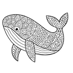 K&ouml;nnte beinhalten: Schwarz-Wei&szlig;-Illustration eines Wals mit komplizierten Mustern. Der Wal-K&ouml;rper ist mit detaillierten geometrischen Designs gef&uuml;llt, darunter Kreise, Dreiecke und florale Elemente. Auch die Flossen und die Schwanzflosse weisen &auml;hnliche Muster auf.