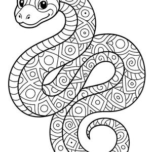 May include: Black and white illustration of a snake with a detailed, geometric pattern. The snake's body is coiled, and its head is turned to the left. The design is suitable for coloring books or art projects.