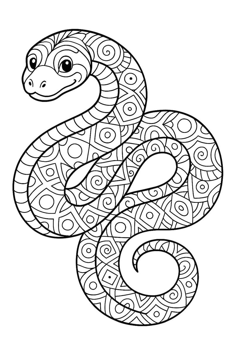 May include: Black and white illustration of a snake with a detailed, geometric pattern. The snake's body is coiled, and its head is turned to the left. The design is suitable for coloring books or art projects.