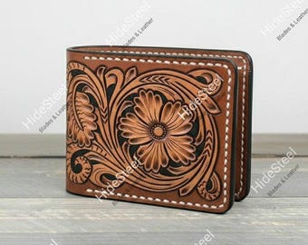 Hand Tooled Leather Bifold Wallet – Western Floral Design, Customizable