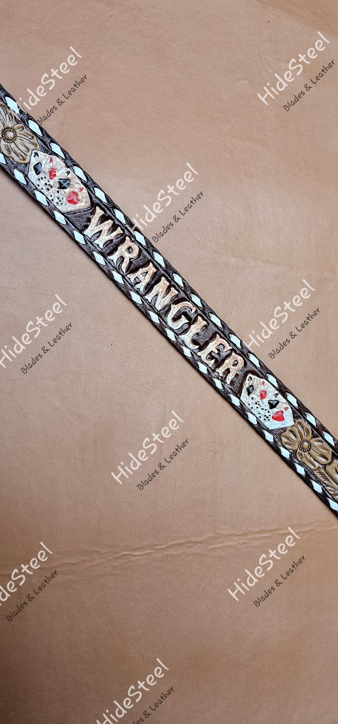 Handmade Tooled Leather Belt | Feather & Cards Design, Buckstitch ...