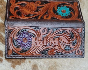 Handmade Tooled Leather Tall Bifold Wallet – Personalized with Name & Custom Colors