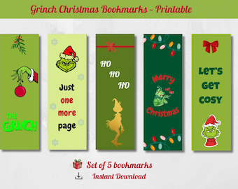 Marcapáginas navideños imprimibles del Grinch | Set de 5 marcapáginas festivos | Descarga instantánea | Regalo de lectura para las fiestas