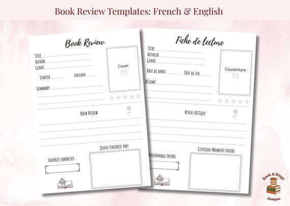 Fiche de Lecture Imprimable Français et Anglais | Reading Journal Printable | Template Critique de Livre & Book Tracker | Cadeau Lecteur