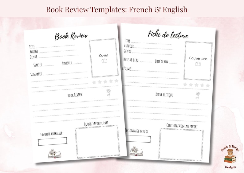 Fiche de Lecture Imprimable Français & Anglais | Reading Journal Printable | Template Critique de Livre & Book Tracker | Cadeau Lecteur