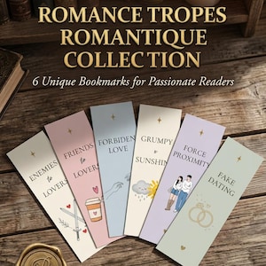 Peut inclure: Six marque-pages rectangulaires aux couleurs pastel avec le texte : ENEMIES to LOVERS, FRIENDS to LOVERS, FORBIDEN LOVE, GRUMPY x SUNSHINE, FORCE PROXIMITY et FAKE DATING. Chaque marque-page comporte une petite étoile et des illustrations.