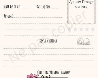 Plantilla imprimible para reseñas de libros: Página de diario tamaño A5 para reseñas de lectura, seguimiento de libros y registro de lectura.