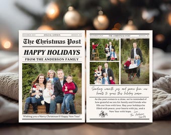 Newspaper Christmas Card Template, Editable Year In Review Christmas Card Printable, Holiday Card Newsletter, What A Year Card Family Photo