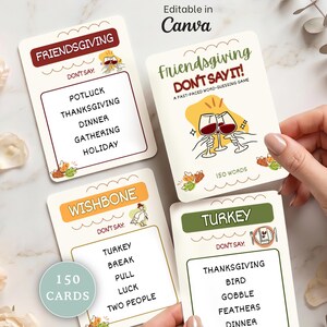 May include: A set of Friendsgiving Don't Say It word-guessing game cards featuring a main title card with two wine glasses clinking, and three gameplay cards labeled Friendsgiving, Wishbone, and Turkey, each listing forbidden words to avoid.