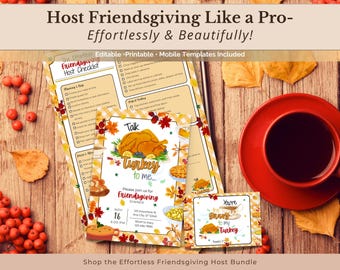 May include: A Friendsgiving checklist and invitation with a red coffee cup on a wooden table. The invitation features a roasted turkey illustration and the text "Talk Turkey to me." The checklist includes the text "Host Checklist."