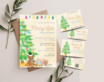May include: A baby shower invitation with a Christmas theme. The invitation features a decorated Christmas tree, a teddy bear, and the text "Merry Little Baby Shower." Additional cards include "Thank You," "Diaper Raffle," and "Books for Baby."