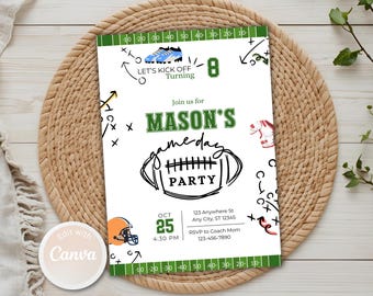 May include: A white invitation for a football-themed party, featuring a football graphic and the text "MASON'S gameday PARTY." The invitation includes a football helmet, play diagrams, and the date and time of the event.