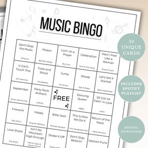 Può includere: Un foglio di gioco del bingo musicale in bianco e nero con titoli di canzoni e nomi di artisti. Il gioco include 30 carte uniche e una playlist di Spotify. Le parole "Music Bingo" sono nella parte superiore del foglio.