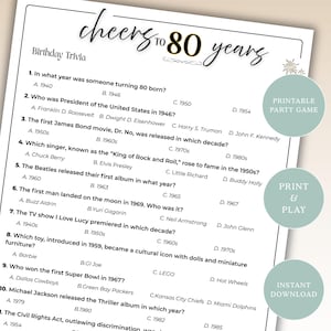 Pode incluir: Jogo de trivia imprimível para o 80º aniversário com perguntas sobre as décadas de 1940 a 1980. O texto preto está em um fundo branco, com escrita decorativa e três botões redondos que dizem "Jogo de festa imprimível", "Imprimir e jogar" e "Download instantâneo".