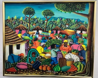 May include: A colorful painting depicting a bustling outdoor market scene.  People are gathered around stalls selling fresh produce, including fruits, vegetables, and other goods. The painting is framed in gold and features a vibrant palette of colors.