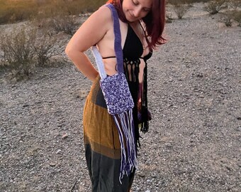 Purple hip bag hippie style bag fringe purple white beaded bag handmade crochet