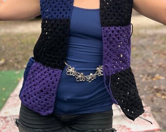 Blue purple vest crochet granny square vest pockets handmade hippie vest octopus beads