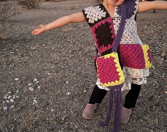 Child’s poncho granny square vest crochet vest sweater cover pink yellow