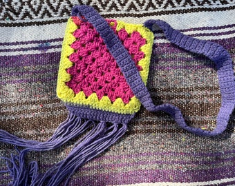 Hippie bag fringe granny square crochet bright yellow pink purple small