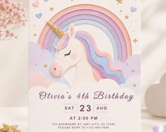 May include: A rectangular birthday invitation card featuring a white unicorn with a gold glitter horn, a pastel rainbow, and purple clouds. The text reads Olivia's 4th Birthday, Sat 23 Aug at 2:00 PM, with placeholder address and RSVP phone number details.