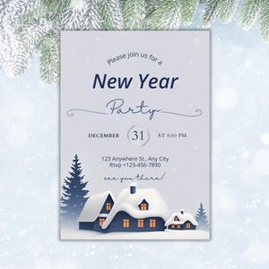 Elegant New Year Party Invitation: Winter Snow House, Editable Canva Template (Digital Download)
