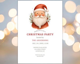 Invitación editable para fiesta de Navidad, invitación navideña de Papá Noel, plantilla imprimible festiva, descarga digital editable