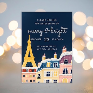 Paris Weihnachtseinladung - Frohe und helle Feiertagskarte - digitale Invite - Winter-Stadt-Skyline-Design