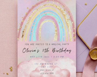May include: A pastel invitation card featuring a watercolour rainbow design with gold accents. The text reads "Olivia's 5th Birthday" and includes party details. A matching envelope and wax seal are also visible.