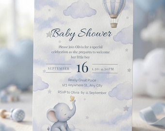 Baby Shower Invitation Boy – Blue Elephant hot air balloon Template – Editable Canva Invite