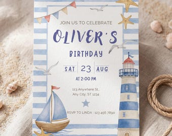 Nautical Birthday Invitation | Editable Blue Sailboat Party Template | Lighthouse Boys Birthday | Striped Ocean Theme