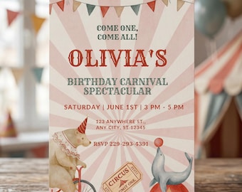 Vintage Circus Kids Birthday Invitation – Editable Carnival Party Template – Watercolor Circus Animals – Instant Download