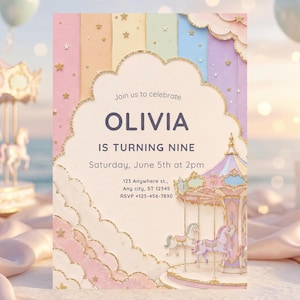 Rainbow Carousel Birthday Invitation Template, Pastel Birthday Party Invite,Editable Girl Birthday Invitation, Magical Carousel Party Invite