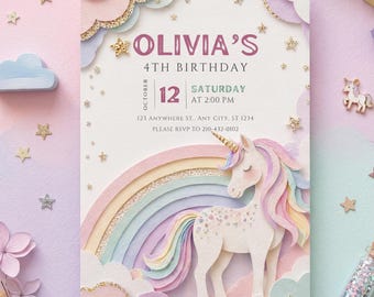 Invito di compleanno a tema unicorno, modello modificabile per feste di ragazze arcobaleno, download digitale su Canva