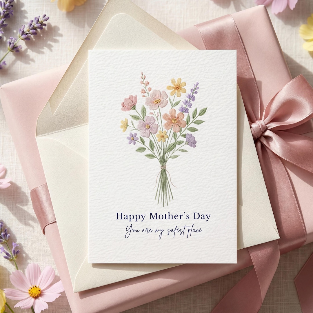 Embroidered Floral Mothers Day Card, Textured Bouquet Design (instant ...