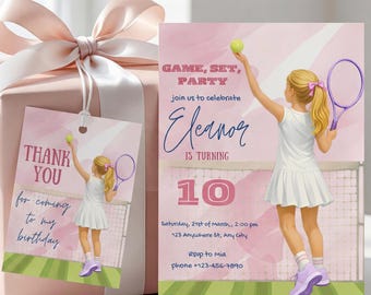 Watercolor Tennis Birthday Invitation & Thank You, Editable Sports Party Set