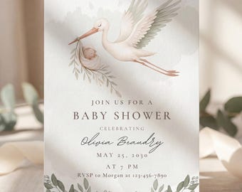Invitación de baby shower con cigüeña: plantilla editable