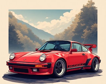Puede incluir: Un coche deportivo rojo con ruedas negras y un alerón trasero. El fondo muestra una cordillera y árboles. El coche tiene un diseño elegante y una pose dinámica.